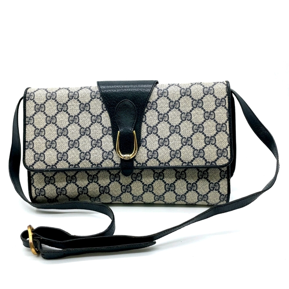 Auth Gucci GG Supreme PVC x Leather Navy ⁸Shoulder Bag